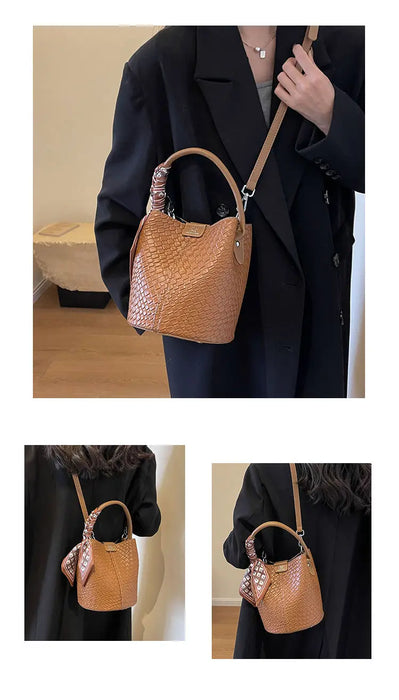 PU Leather Knitted Bucket Bag – Soft Casual Messenger Handbag for Women - Samanta Factory