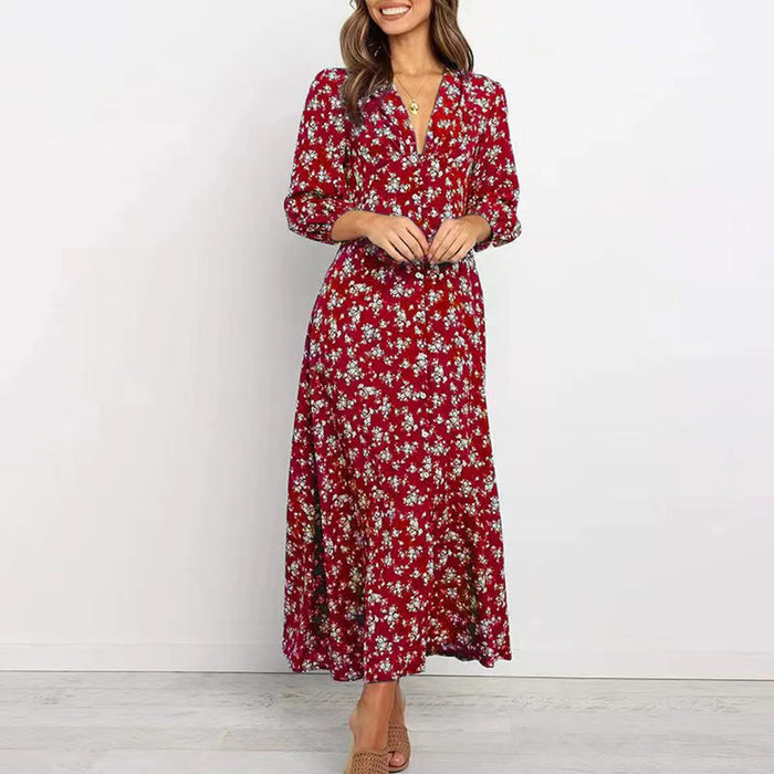 Women’s V-Neck Floral Maxi Dress – High-Waist Slit for Effortless Boho Chic - Samanta Factory