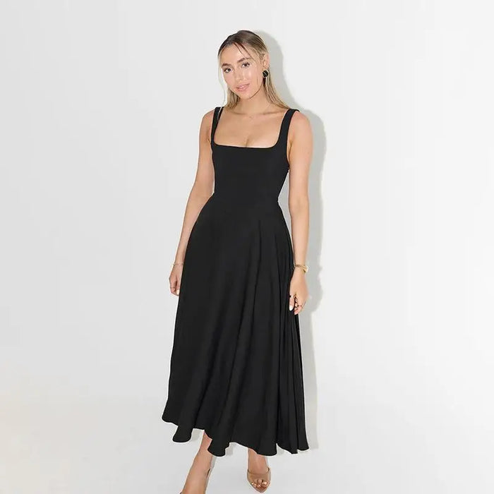 A-line Strap Long Dress – Square Neck & Backless Design