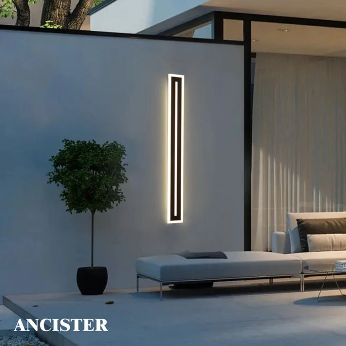 Modern waterproof long strip LED wall light for outdoor courtyard or indoor hallway.