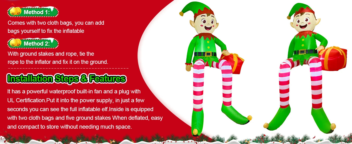 Christmas Inflatable Elf – 8FT Outdoor Yard Decoration with LED Lights