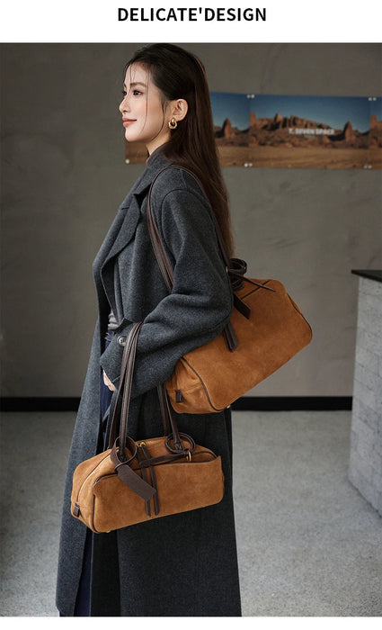 Women's Genuine Cowhide Leather Tote Bag – Large Capacity Suede Velvet Shoulder Handbag SF