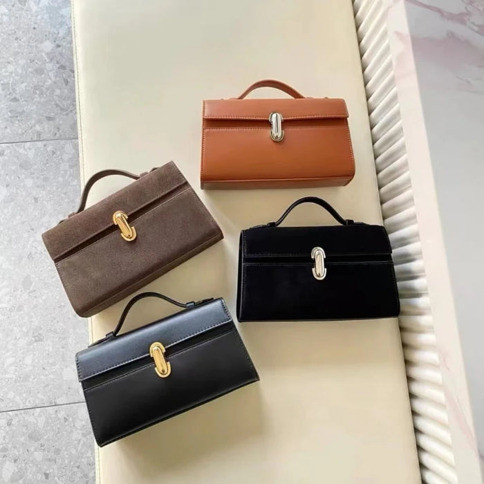 Women’s genuine leather baguette handbag in solid color minimalist design