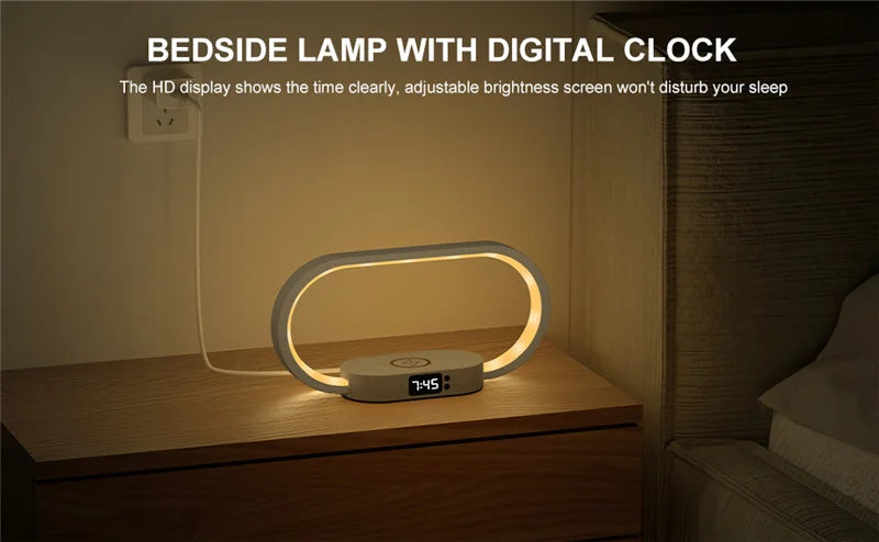 Dimmable LED Bedside Lamp – Touch Control with Wireless Charging & Clock Display - Samanta Factory
