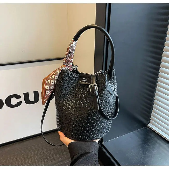 PU Leather Knitted Bucket Bag – Soft Casual Messenger Handbag for Women - Samanta Factory