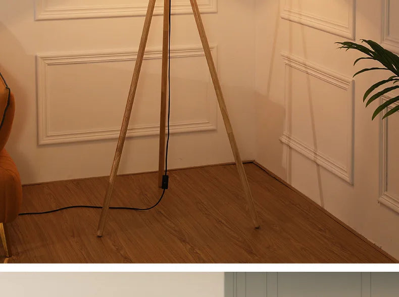 Wooden Tripod Floor Lamp – Mid-Century Modern Design with Foot Switch Control