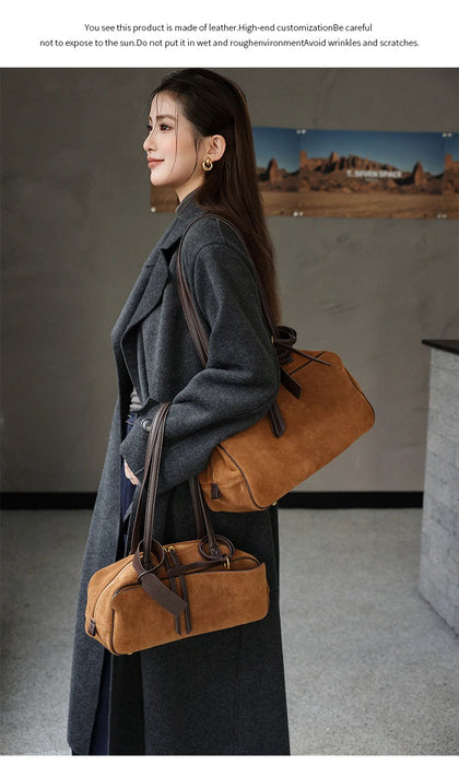 Women's Genuine Cowhide Leather Tote Bag – Large Capacity Suede Velvet Shoulder Handbag SF