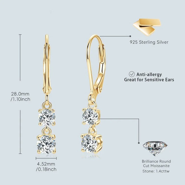 Moissanite Drop Earrings – D-Color Round Cut 925 Sterling Silver