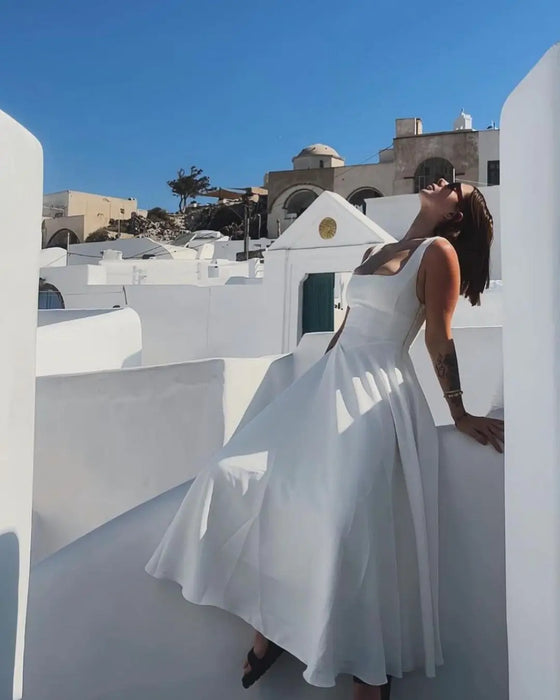A-line Strap Long Dress – Square Neck & Backless Design