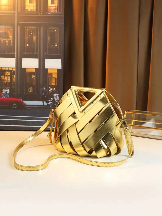 Woven Design Women Handbag, Tote Basket Bag, High-End Niche Inverted Triangle Shaped Fashion Commuter Bag, Casual Style SF