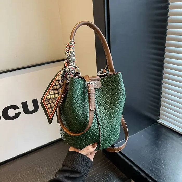 PU Leather Knitted Bucket Bag – Soft Casual Messenger Handbag for Women - Samanta Factory