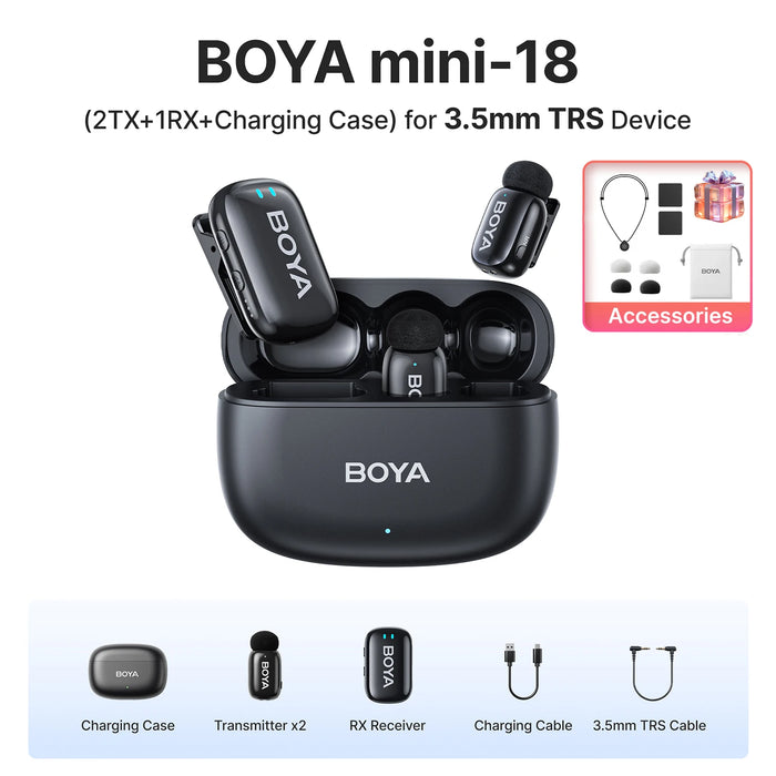 BOYA Mini Wireless Microphone – 2.4GHz Lavalier Mic with Charging Case for iPhone & Android