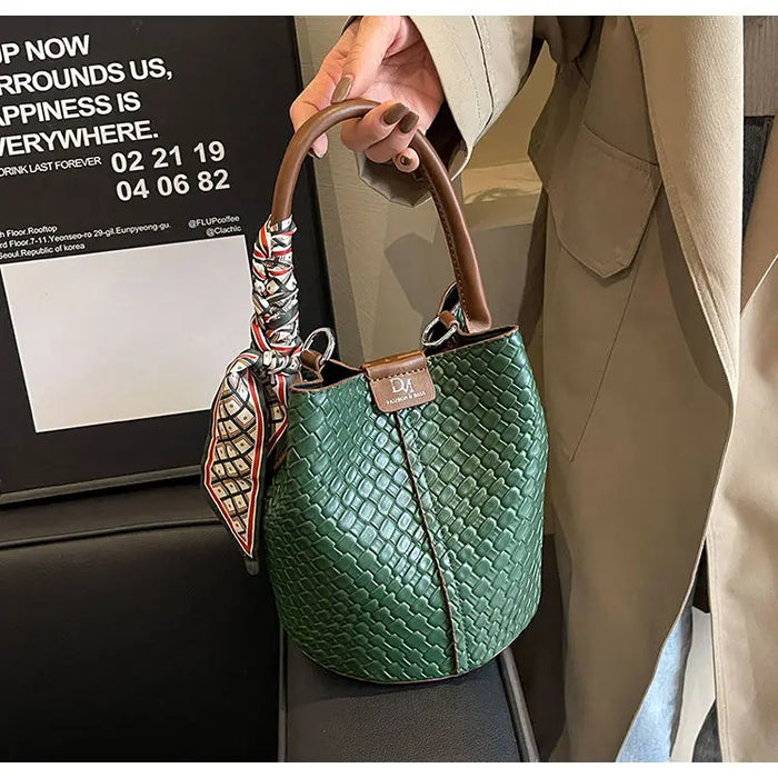 PU Leather Knitted Bucket Bag – Soft Casual Messenger Handbag for Women - Samanta Factory