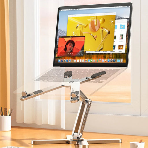 Foldable aluminum alloy laptop stand with adjustable height hollow ventilation design silicone anti-slip pads and triangular support for 10 to 16 inch laptops and tablets on desk