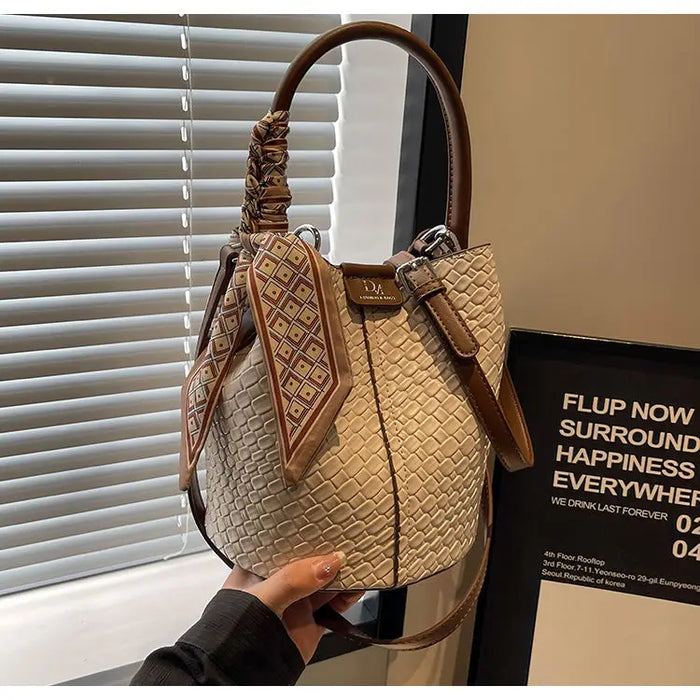 PU Leather Knitted Bucket Bag – Soft Casual Messenger Handbag for Women - Samanta Factory