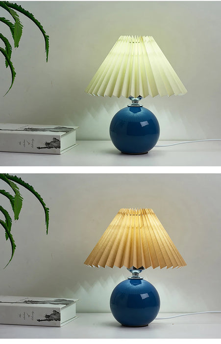 Korean Table Lamp – Vintage Pleated Fabric Shade with Ceramic Base
