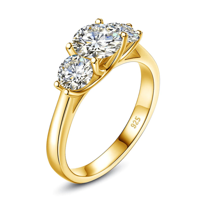 3-Stone Moissanite Engagement Ring – 2 CT D Color Yellow Gold Plated S925 Silver