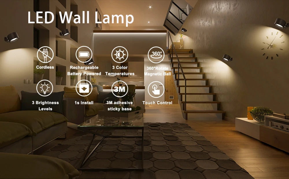 Rechargeable LED Wall Light – Touch Control with 3 Colour Modes & Adjustable 360° Rotation