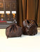 Small PU leather women's bucket bag with drwstring, geometric pattern, coffee color.
