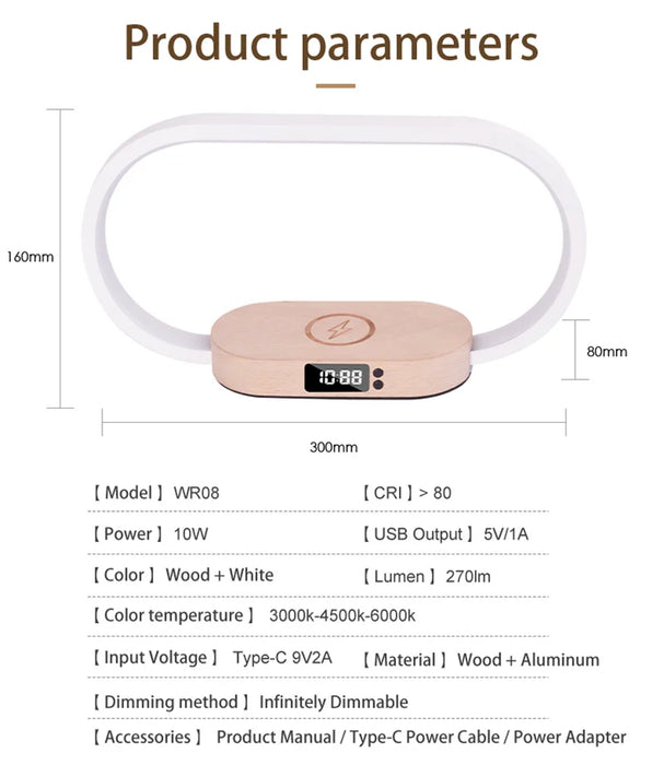 Dimmable LED Bedside Lamp – Touch Control with Wireless Charging & Clock Display - Samanta Factory