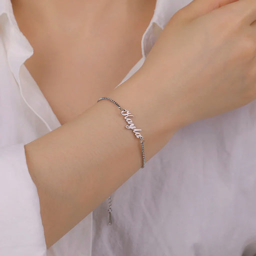 Personalized stainless steel name bracelet with box chain in gold and silver for women