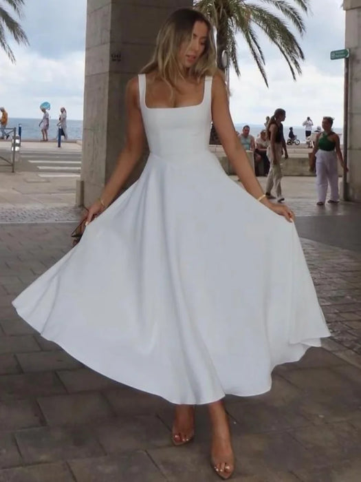 A-line Strap Long Dress – Square Neck & Backless Design