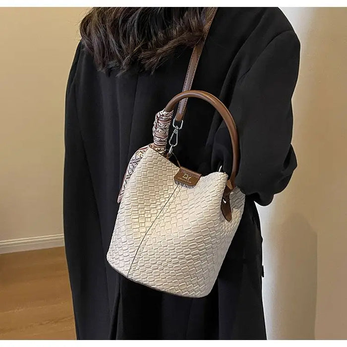 PU Leather Knitted Bucket Bag – Soft Casual Messenger Handbag for Women - Samanta Factory