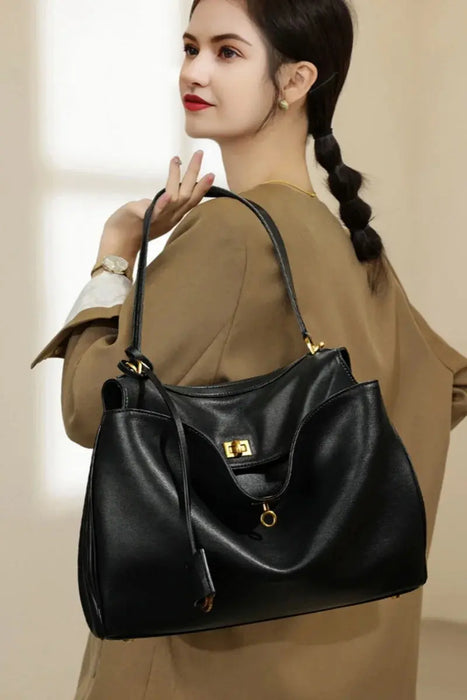 Cow Leather Shoulder Bag – Soft Tote with Large Capacity SF