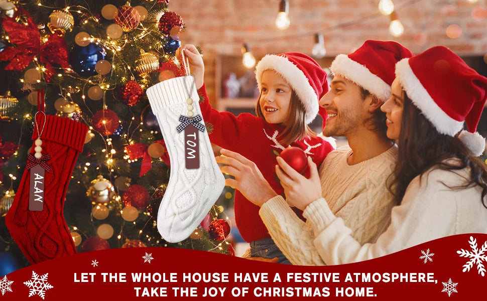 Personalised Christmas Stockings – Knitted Design with Wooden Name Tags