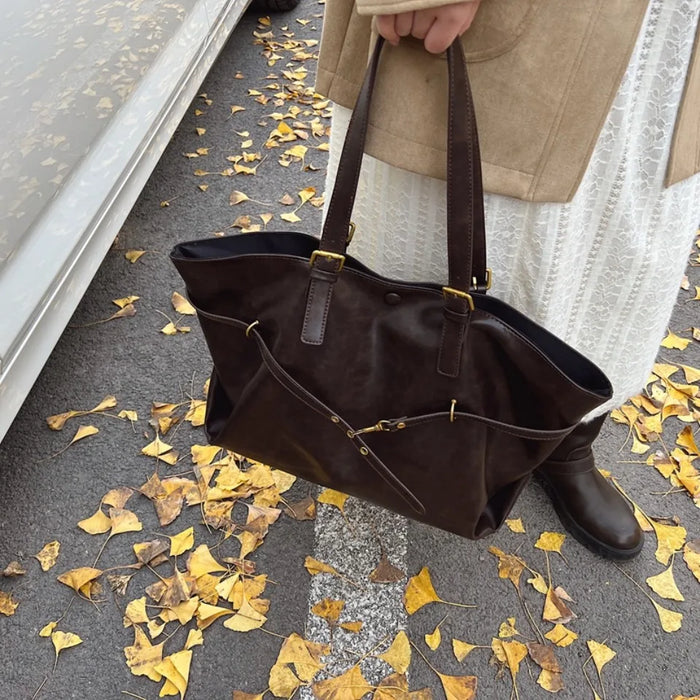 Vintage PU Leather Shoulder Tote – Soft Casual Bag with Lock Closure - Samanta Factory