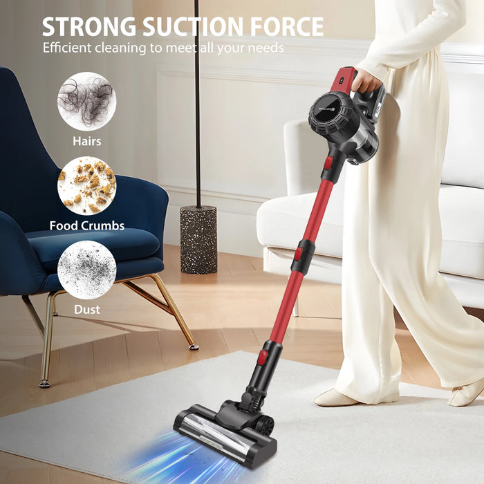 Lightweight grey cordless stick vacuum cleaner with LED searchlight floor brush, HEPA filter, and 6 attachments for whole-home cleaning