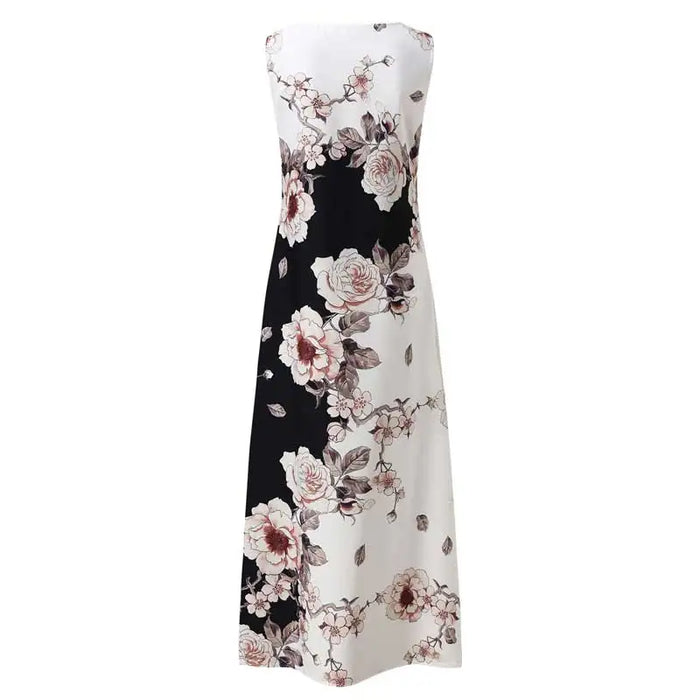 Bohemian Maxi Dress – Sleeveless Floral Print with Loose Swing Silhouette