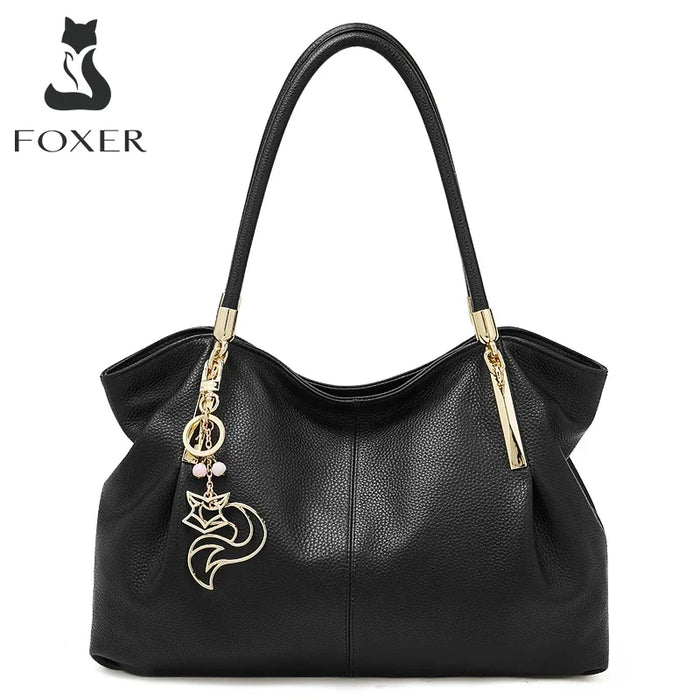 FOXER genuine leather women’s shoulder bag with zipper closure, interior compartments, beading and sequins, soft casual tote.