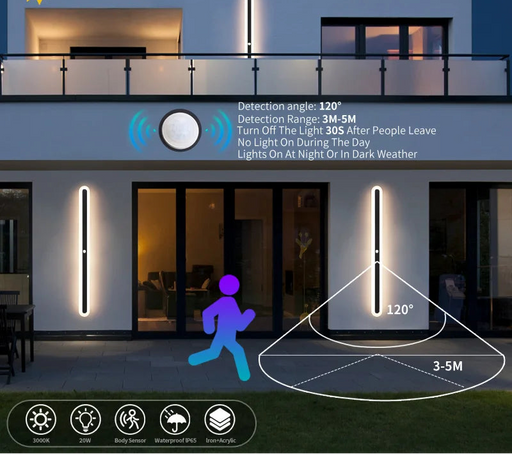 IP65 waterproof outdoor LED wall light with motion sensor, modern aluminum design for porch, villa, garden, and garage lighting