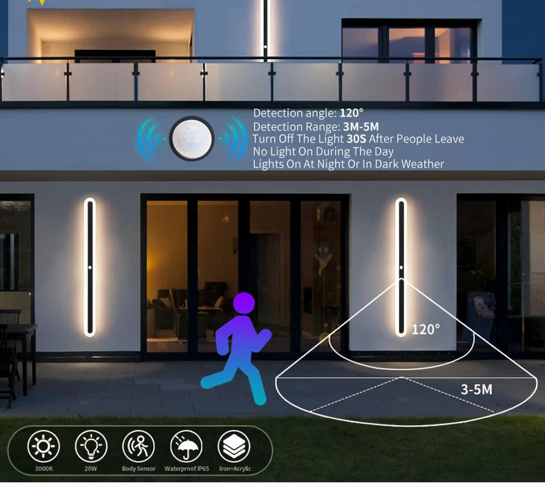 IP65 waterproof outdoor LED wall light with motion sensor, modern aluminum design for porch, villa, garden, and garage lighting