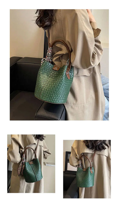 PU Leather Knitted Bucket Bag – Soft Casual Messenger Handbag for Women - Samanta Factory
