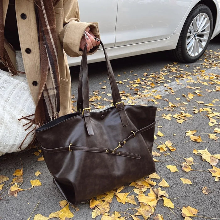 Vintage PU Leather Shoulder Tote – Soft Casual Bag with Lock Closure - Samanta Factory