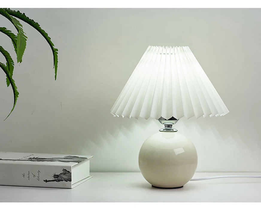 Korean Table Lamp – Vintage Pleated Fabric Shade with Ceramic Base