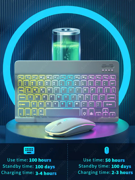 Rainbow RGB backlit wireless keyboard and mouse combo with breathing RGB mouse Bluetooth 2.4GHz dual connection silent keys multi language support for tablet phone laptop and PC