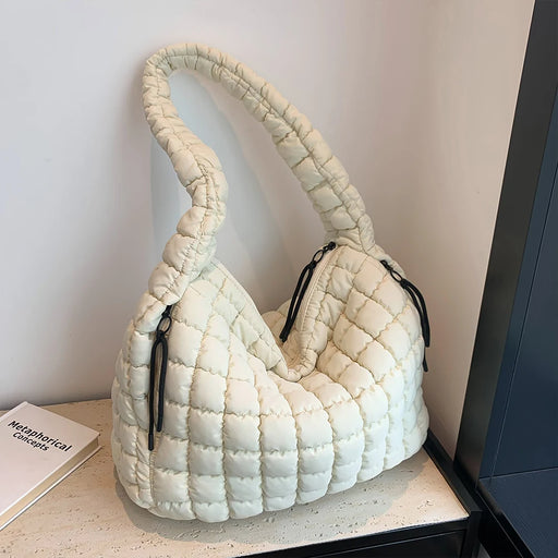 Women’s nylon puffer shoulder bag with bubble quilted design and zipper closure