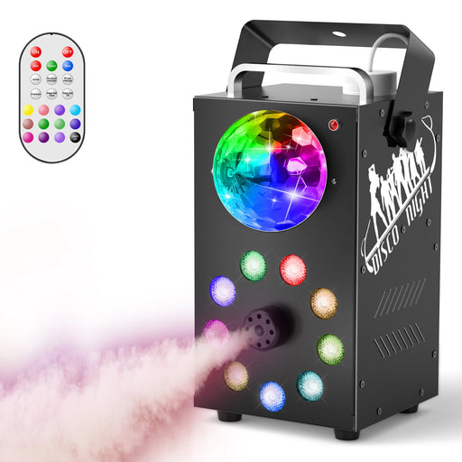 Black 700W fog machine for professional stage and DJ use with wireless remote control and integrated multicolor LED light effects