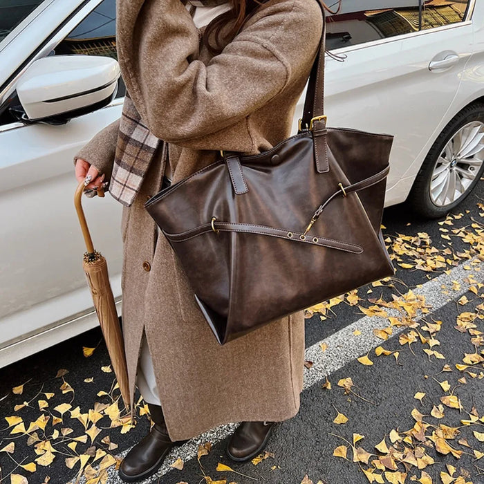 Vintage PU Leather Shoulder Tote – Soft Casual Bag with Lock Closure - Samanta Factory