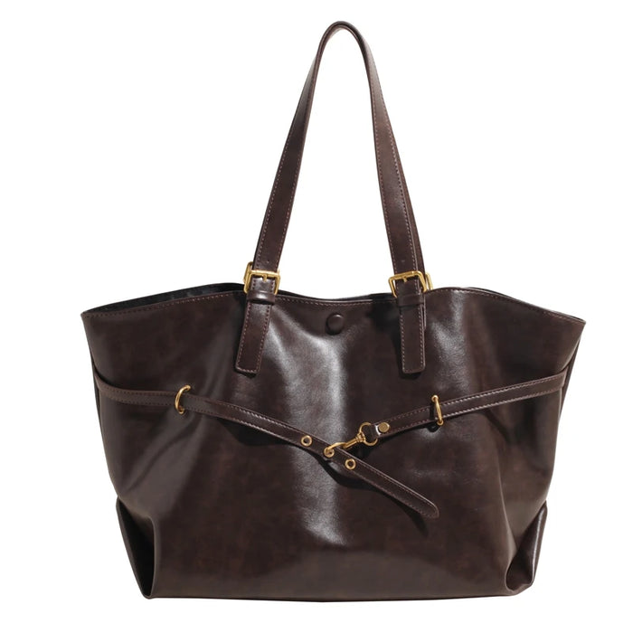 Vintage PU Leather Shoulder Tote – Soft Casual Bag with Lock Closure - Samanta Factory