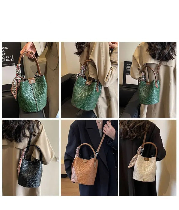 PU Leather Knitted Bucket Bag – Soft Casual Messenger Handbag for Women - Samanta Factory