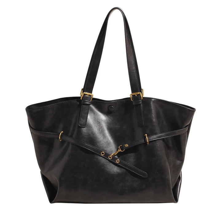 Vintage PU Leather Shoulder Tote – Soft Casual Bag with Lock Closure - Samanta Factory