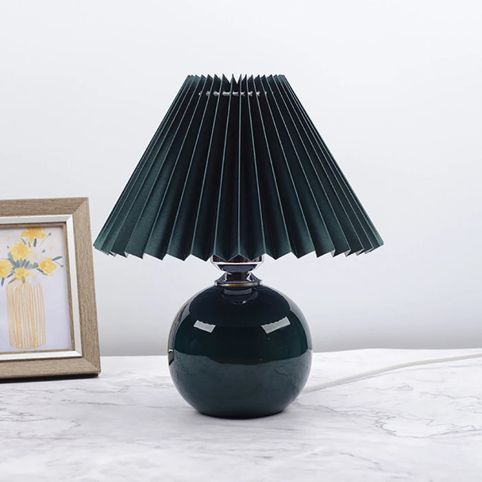 Korean Table Lamp – Vintage Pleated Fabric Shade with Ceramic Base
