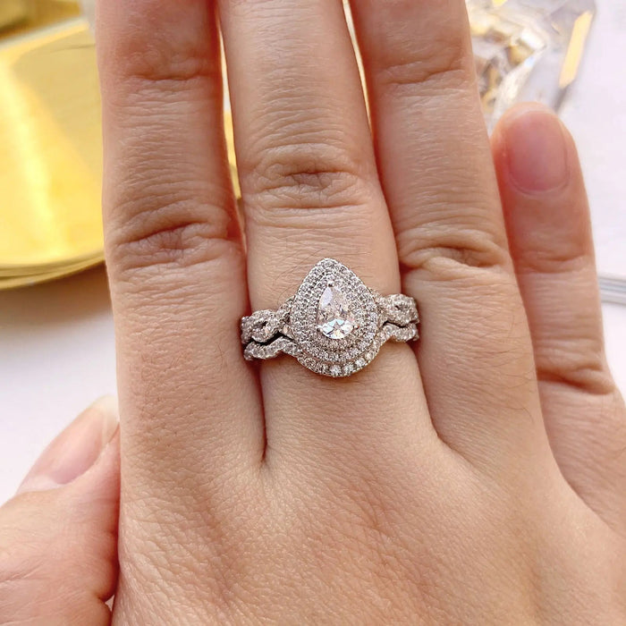 Sterling Silver Bridal Ring Set – Pear Cut Zircon Elegance SF