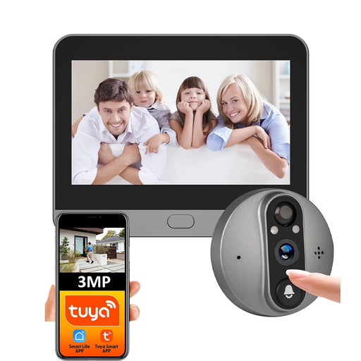 Smart WiFi peephole door viewer with 3MP HD camera, 4.3” LCD display, PIR motion detection, night vision, and Tuya Smart app integration