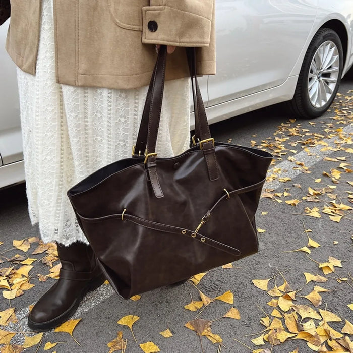 Vintage PU Leather Shoulder Tote – Soft Casual Bag with Lock Closure - Samanta Factory