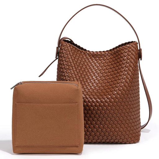 Handmade Woven Bucket Shoulder Bag made from PU leather with spacious interior and matching clutch, ideal for work, shopping, and travel.
